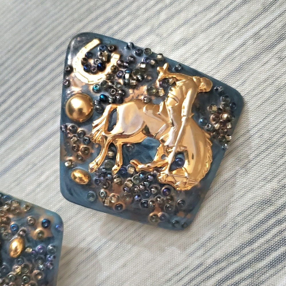 Rodeo Horse Cowboy Earrings OOAK One-of-a-Kind Vintage Enamel Art Earrings - Picture 6 of 7
